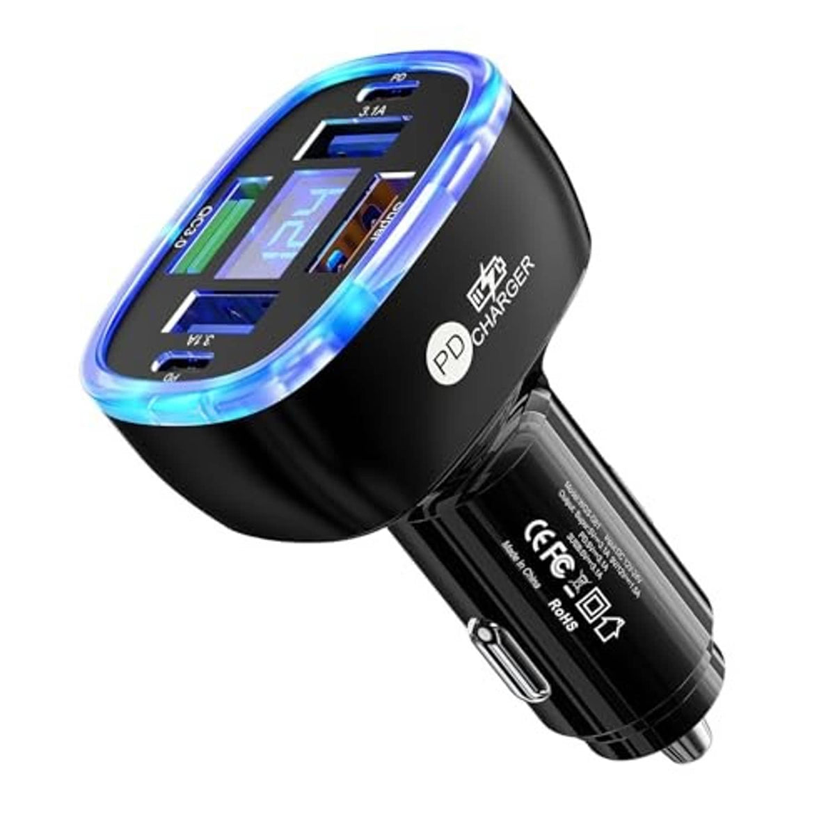 Black car USB-C charger with blue LED ring, digital screen, and visible USB-C port