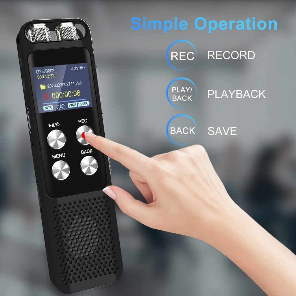 Black handheld voice recorder with LCD and side controls, finger pressing REC button