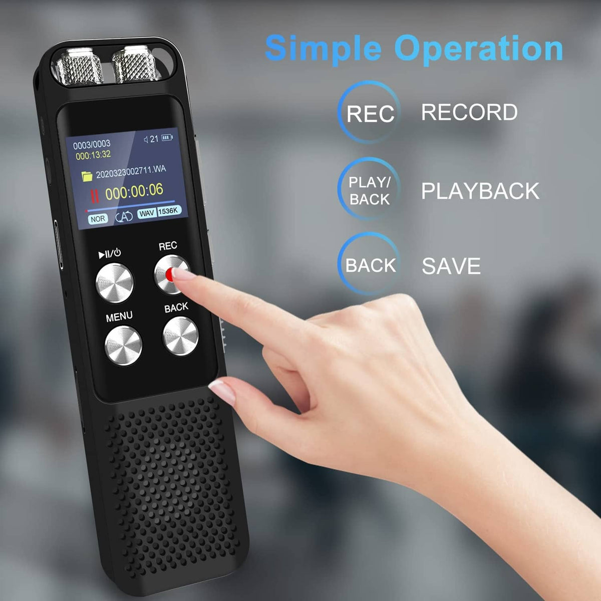 Black handheld voice recorder with LCD and side controls, finger pressing REC button