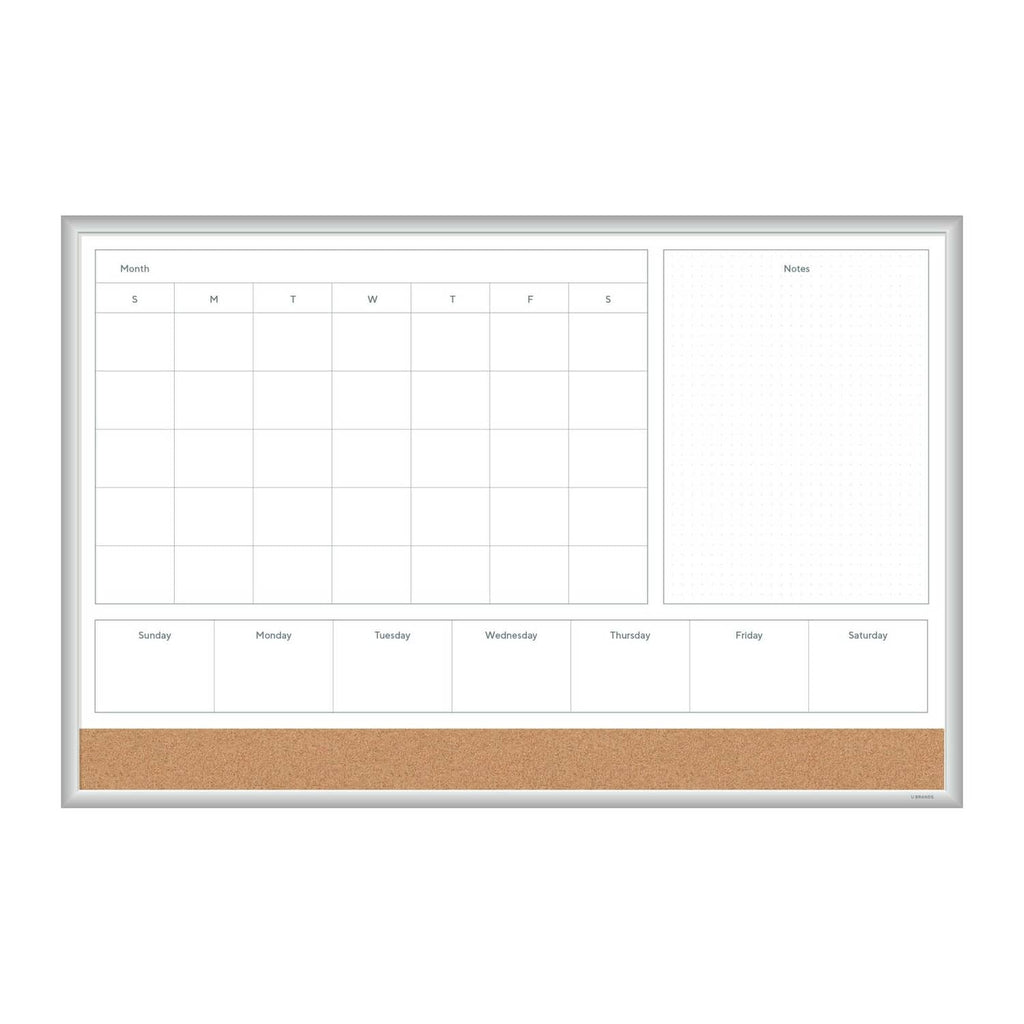 Silver-framed dry-erase calendar whiteboard with monthly grid and blank notes area