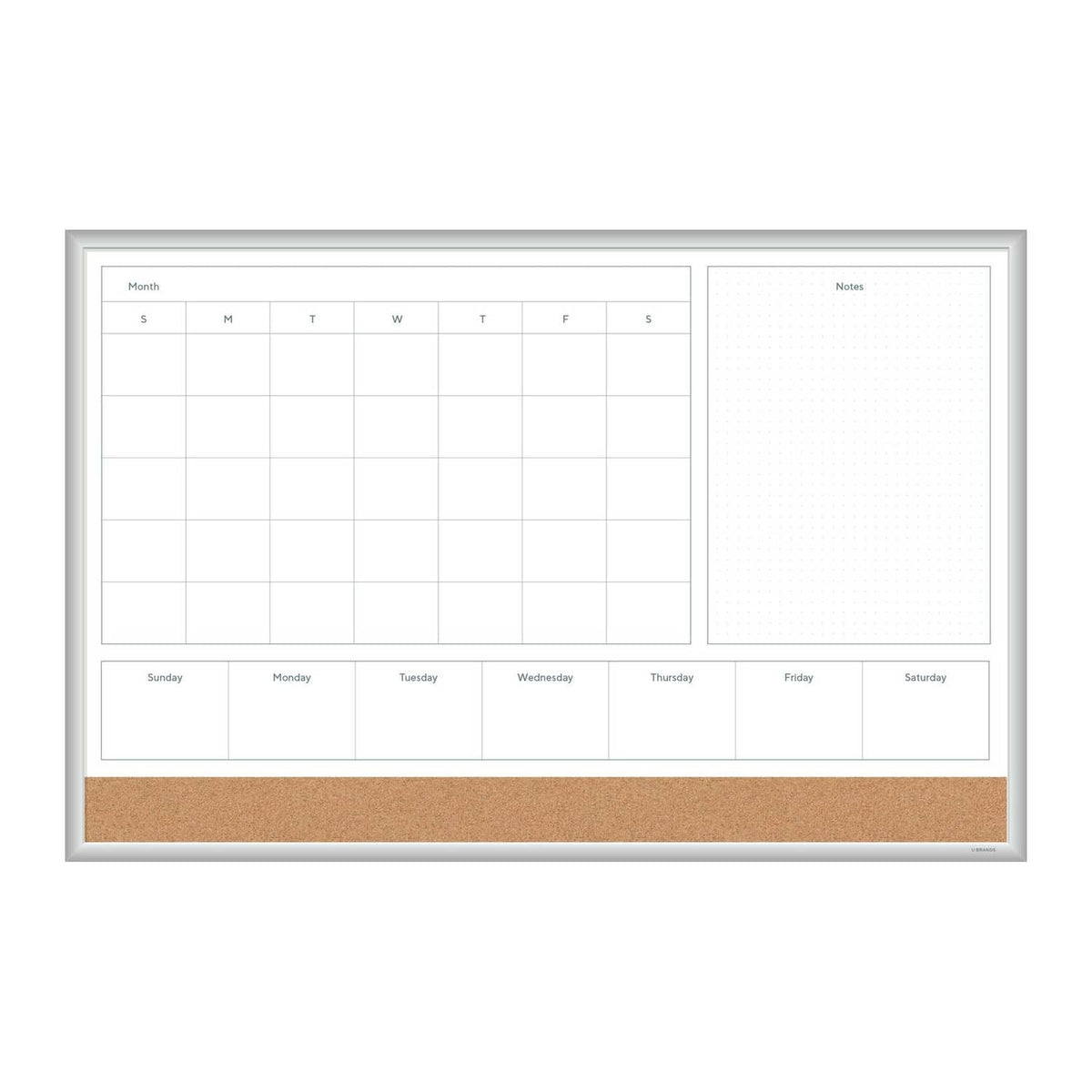 Silver-framed dry-erase calendar whiteboard with monthly grid and blank notes area