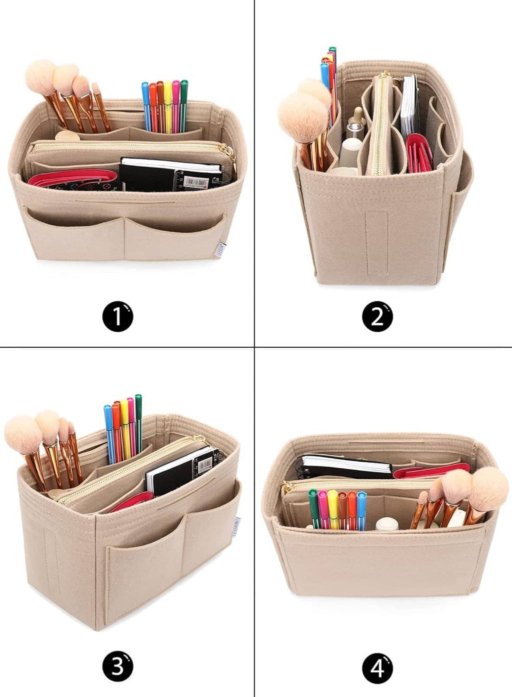 Beige felt purse organizer insert with zipper, holding pens, brushes, and cosmetics