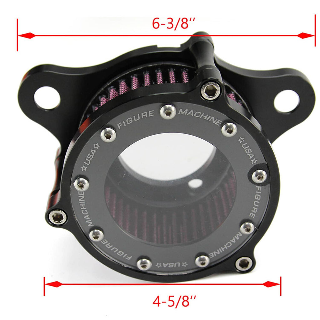 Black air cleaner intake filter housing with purple/red pleated element, circular plate