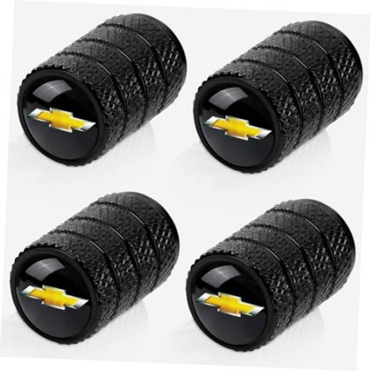 Black textured tire valve stem caps, four-pack, with gold Chevrolet bowtie emblems