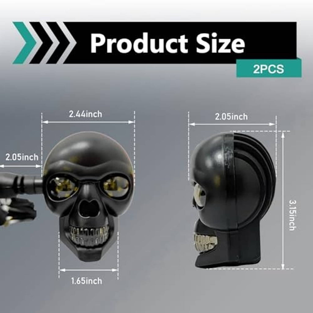 Skull-style LED turn signal lights, black shells with amber bulbs, front and side size view