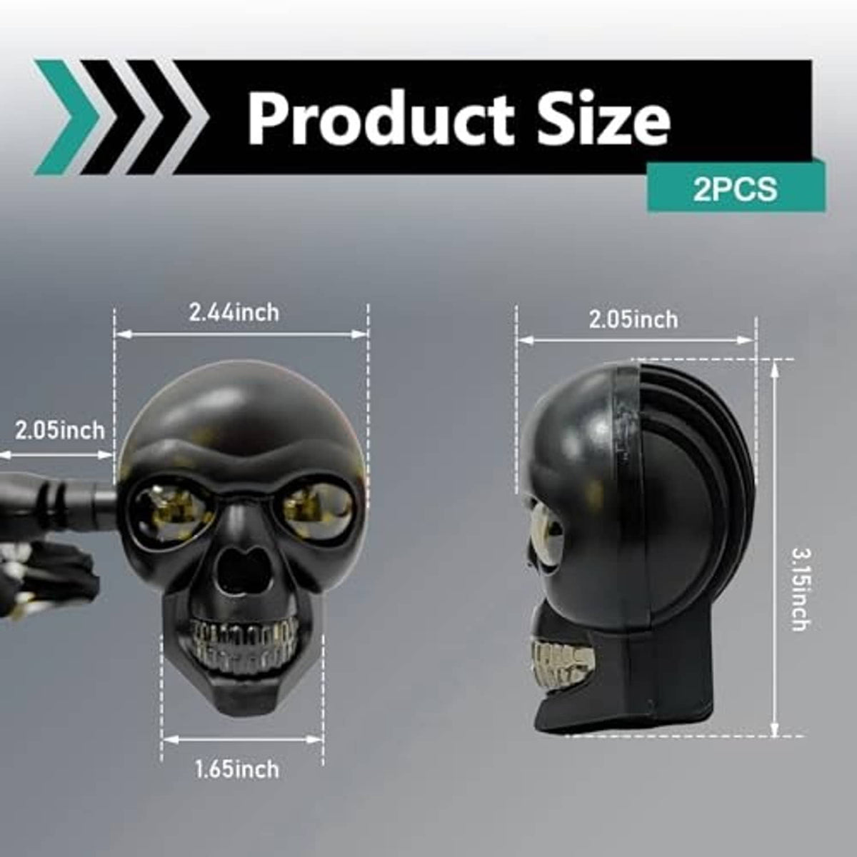 Skull-style LED turn signal lights, black shells with amber bulbs, front and side size view