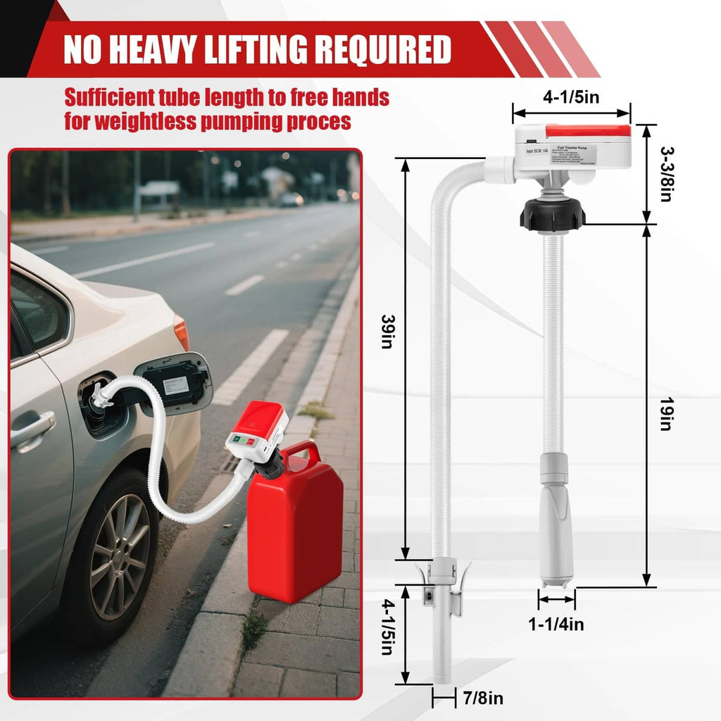Red fuel transfer pump with long white hose for hands-free pumping from can