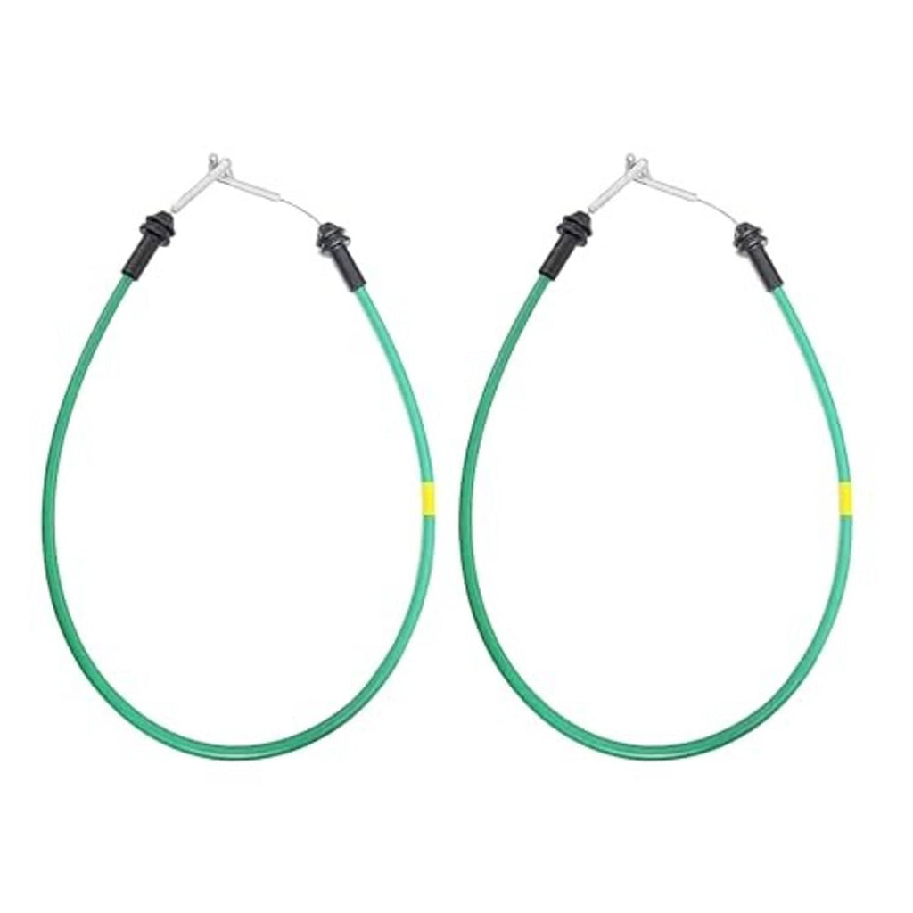 Pair of green door handle release cables, looped with black fittings and metal hooks.
