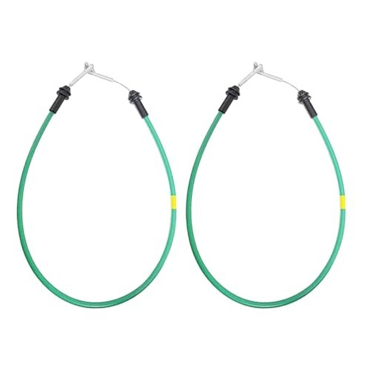 Pair of green door handle release cables, looped with black fittings and metal hooks.