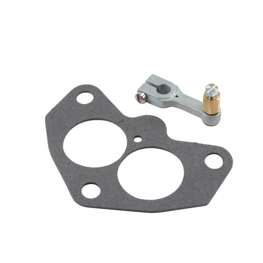 Two-barrel carburetor gasket and throttle linkage bracket with mounting holes