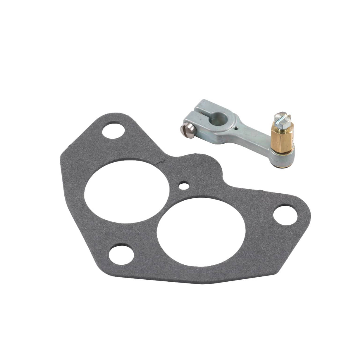 Two-barrel carburetor gasket and throttle linkage bracket with mounting holes