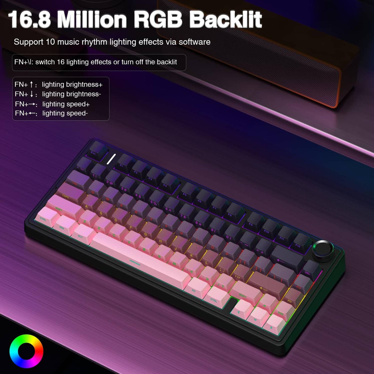 75% mechanical keyboard with pink backlit keycaps and dark frame, plus round knob