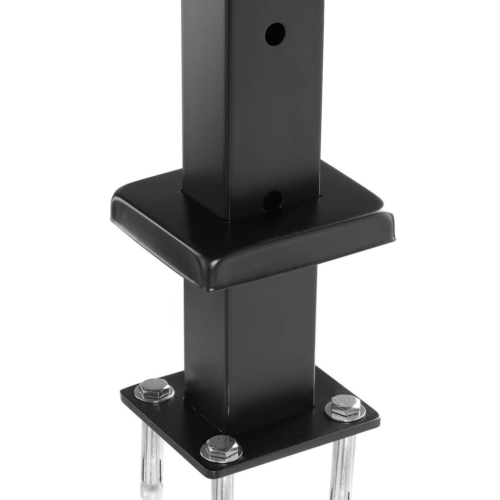 Black cable railing post base with mounting plate and four anchor bolts