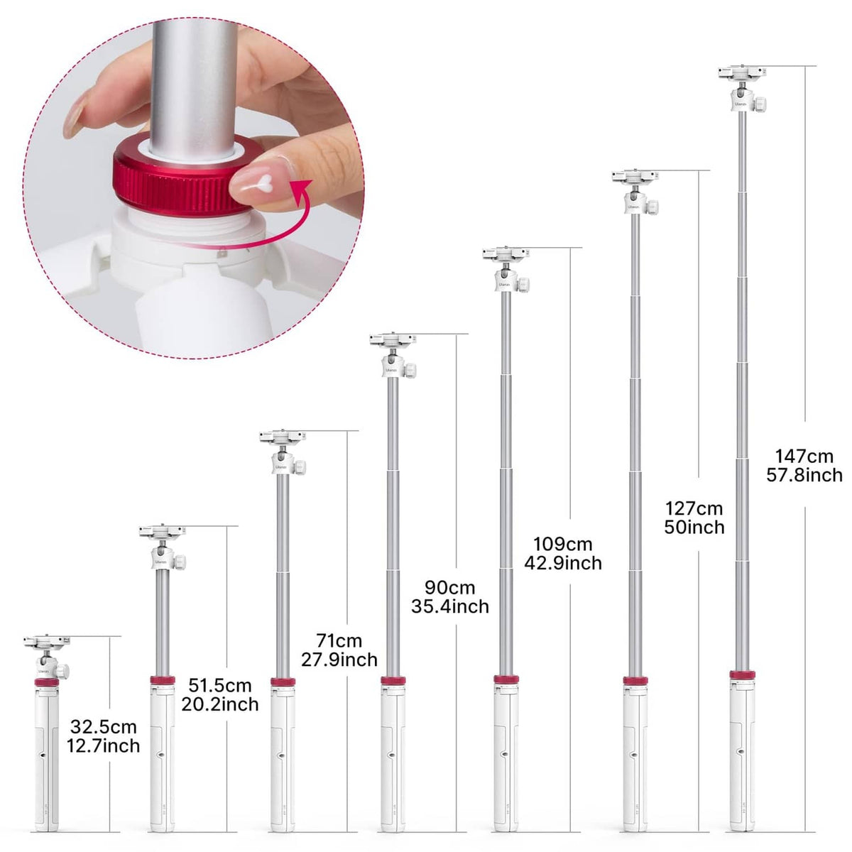 White extendable tripod with multiple height sections and phone mount