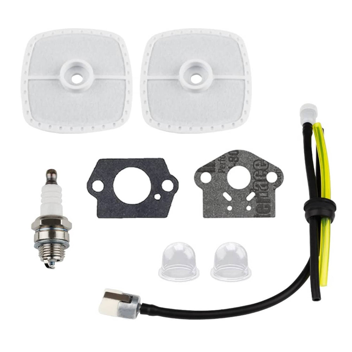 Carburetor kit parts including air filters, gaskets, spark plug, and fuel line hose