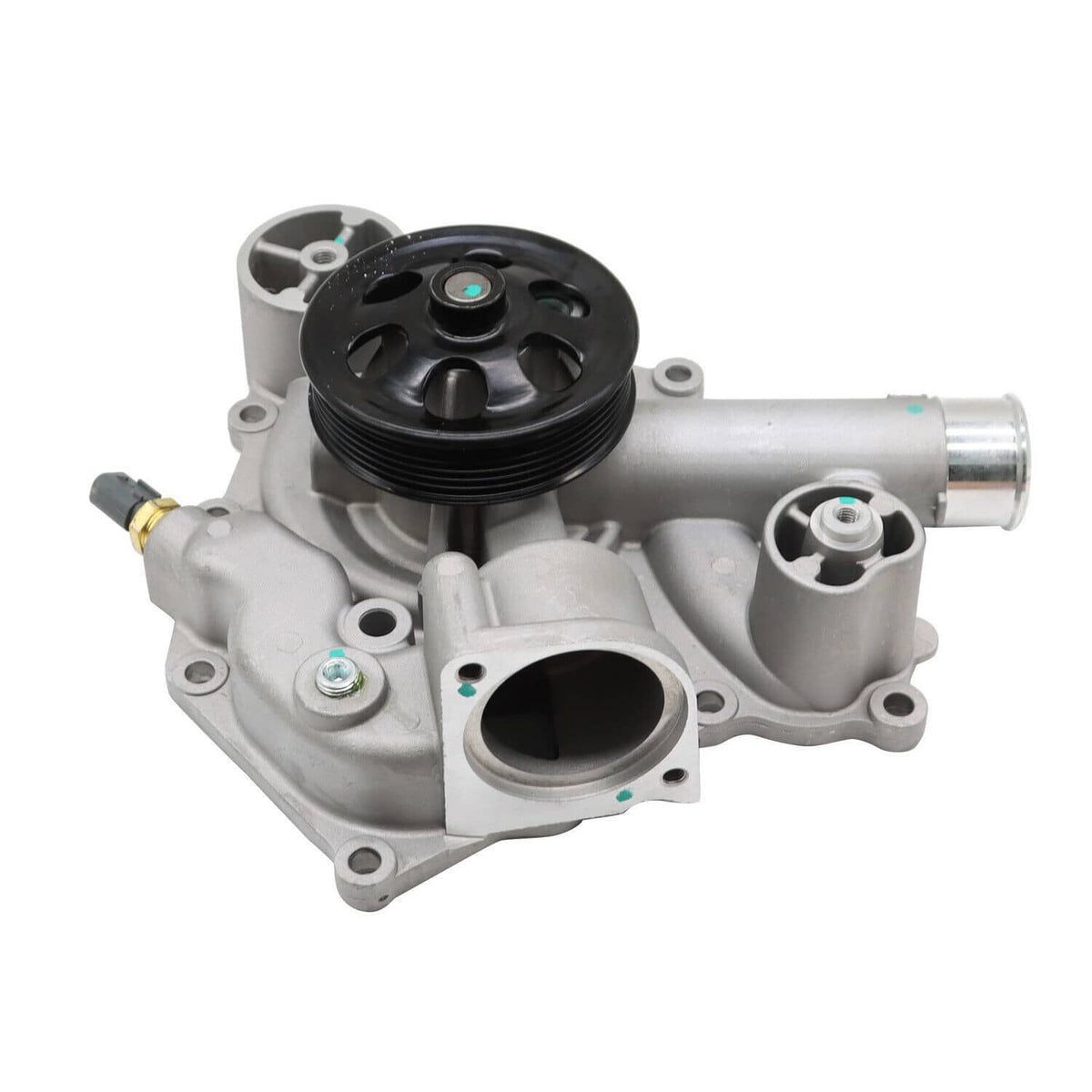 Water pump assembly with black pulley, silver housing, inlet opening and side outlet