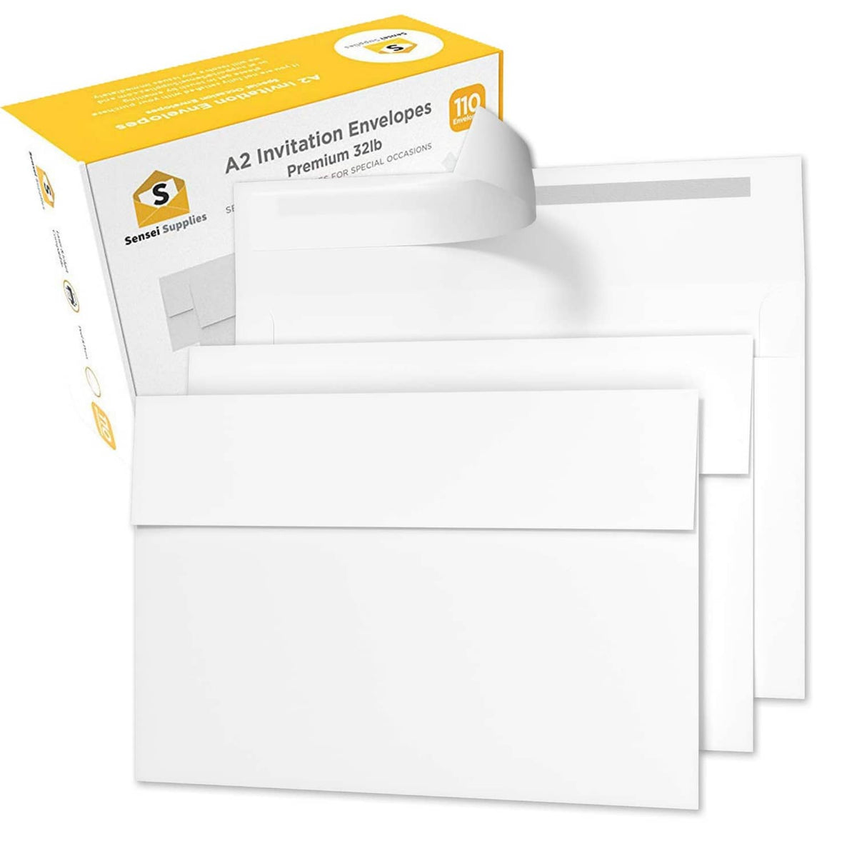 White A2 invitation envelopes, multiple in a pack with open flap