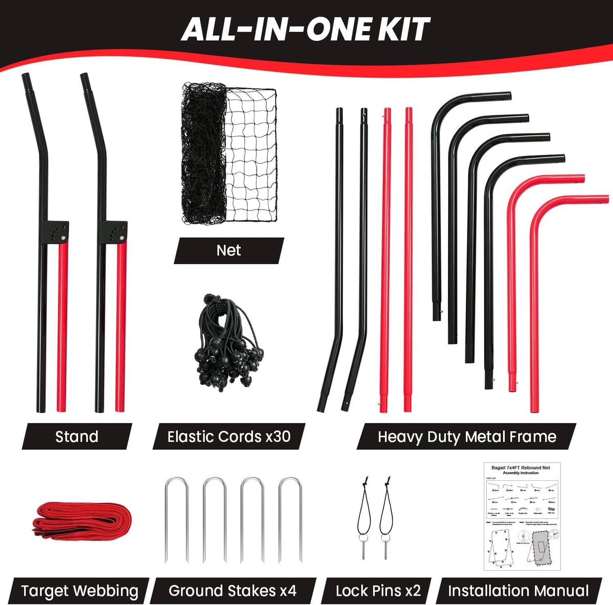 Volleyball rebounder all-in-one kit with metal frame, net, elastic cords, ground stakes, pins