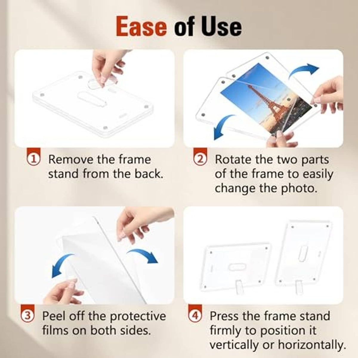 Clear acrylic photo frame with removable stand parts for vertical or horizontal display