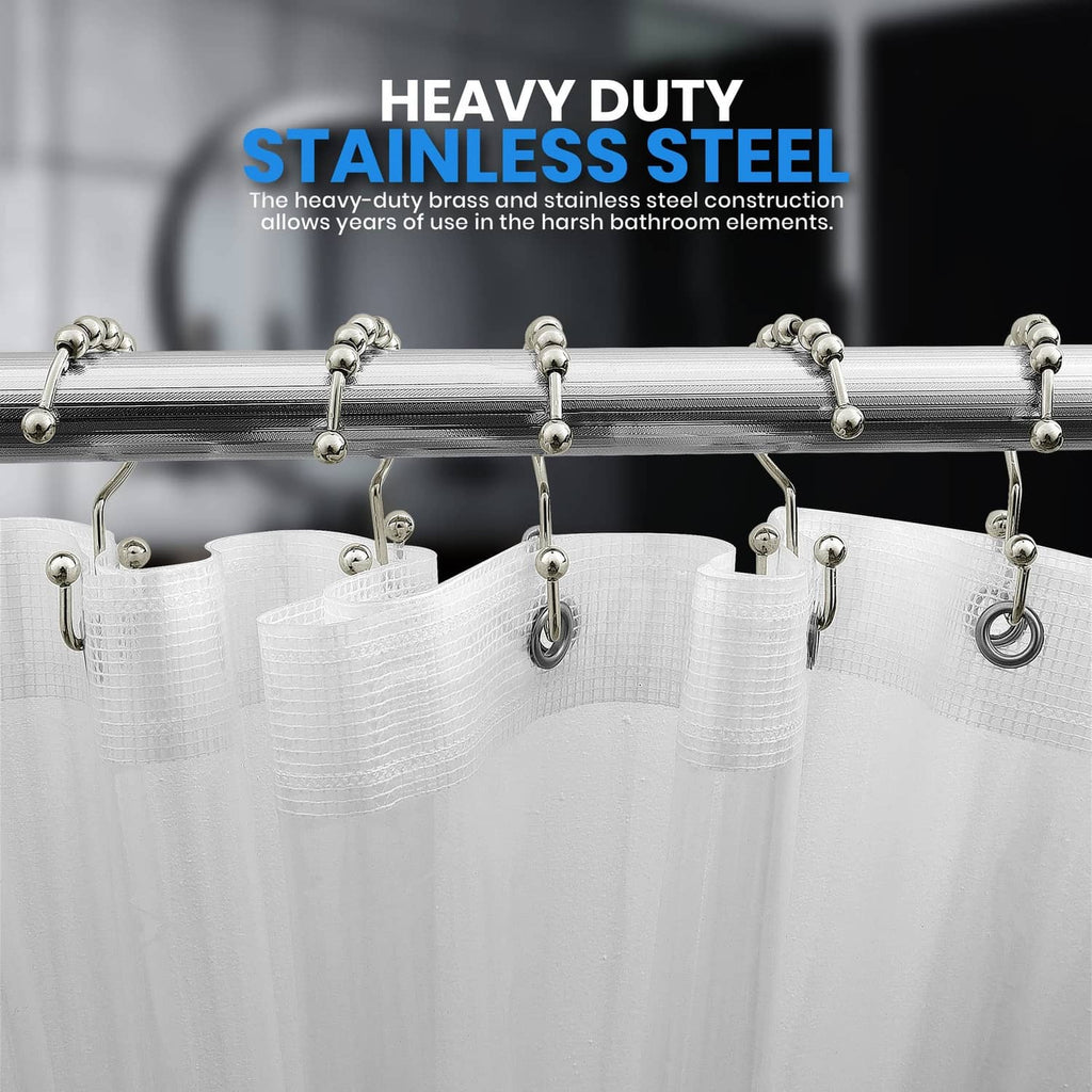 Nickel roller shower curtain hooks on a metal rod holding white curtain panels