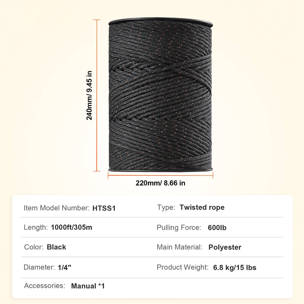 Black twisted electric fence wire on storage spool, braided polyester rope