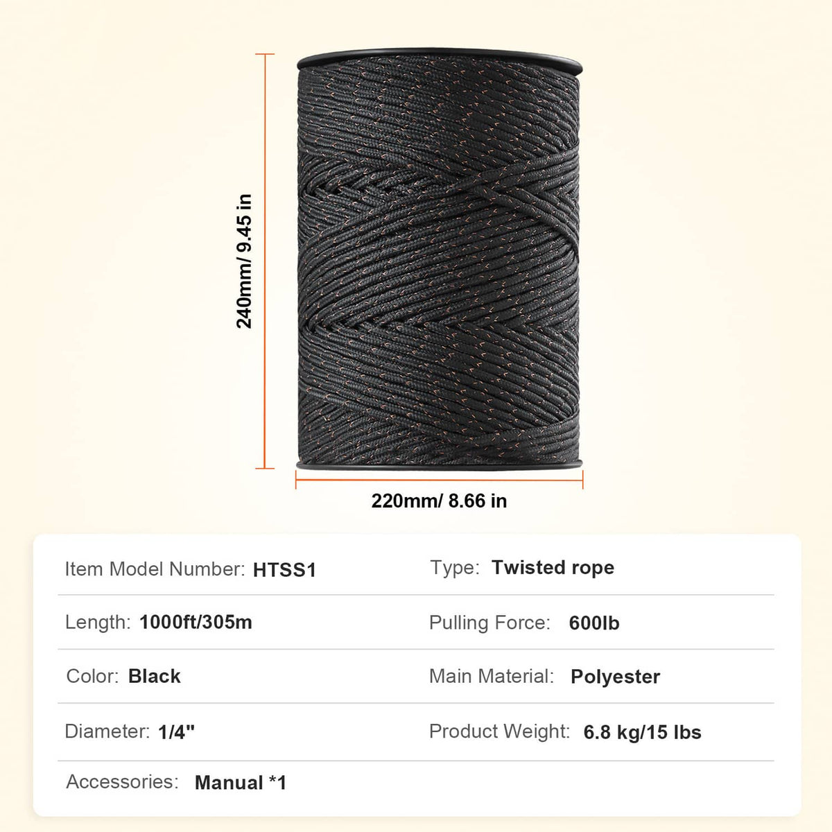 Black twisted electric fence wire on storage spool, braided polyester rope