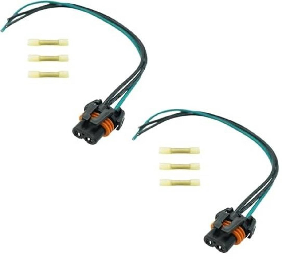 Halogen headlight connector wiring harness with two 2-pin plugs and green/black lead wires