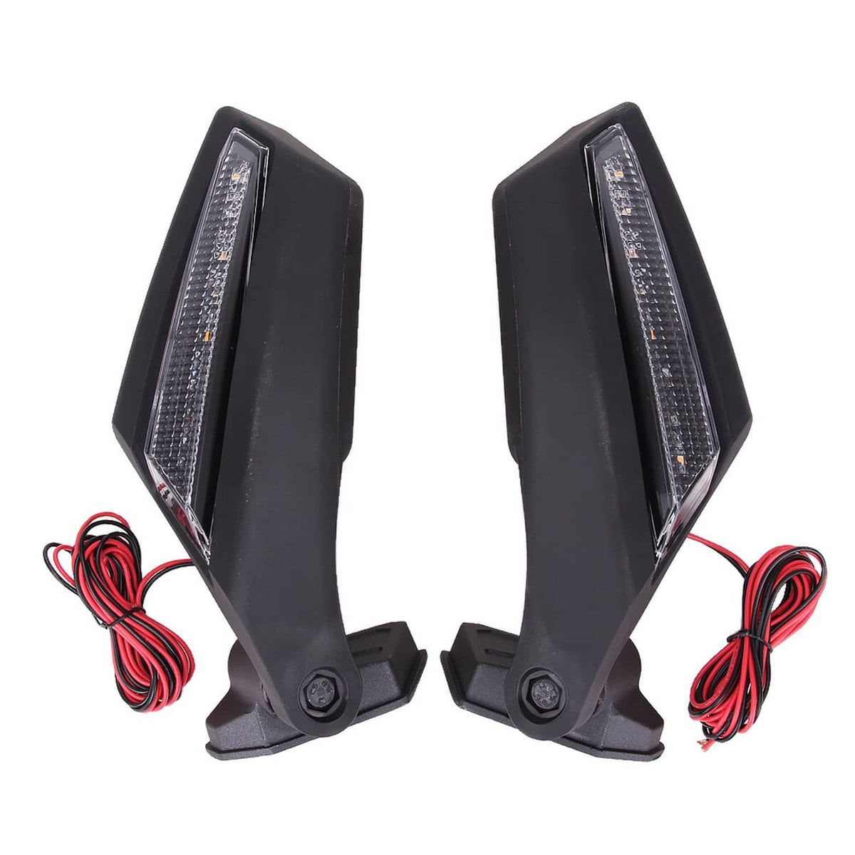 UTV rearview mirror LED light assemblies with black housings and red wiring pair