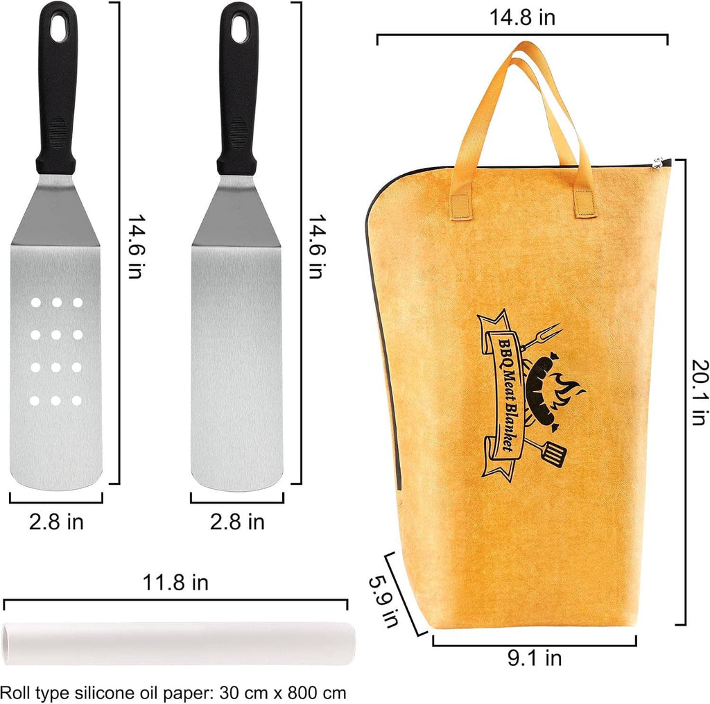 BBQ meat resting blanket accessories set showing tan bag and two spatulas with size labels