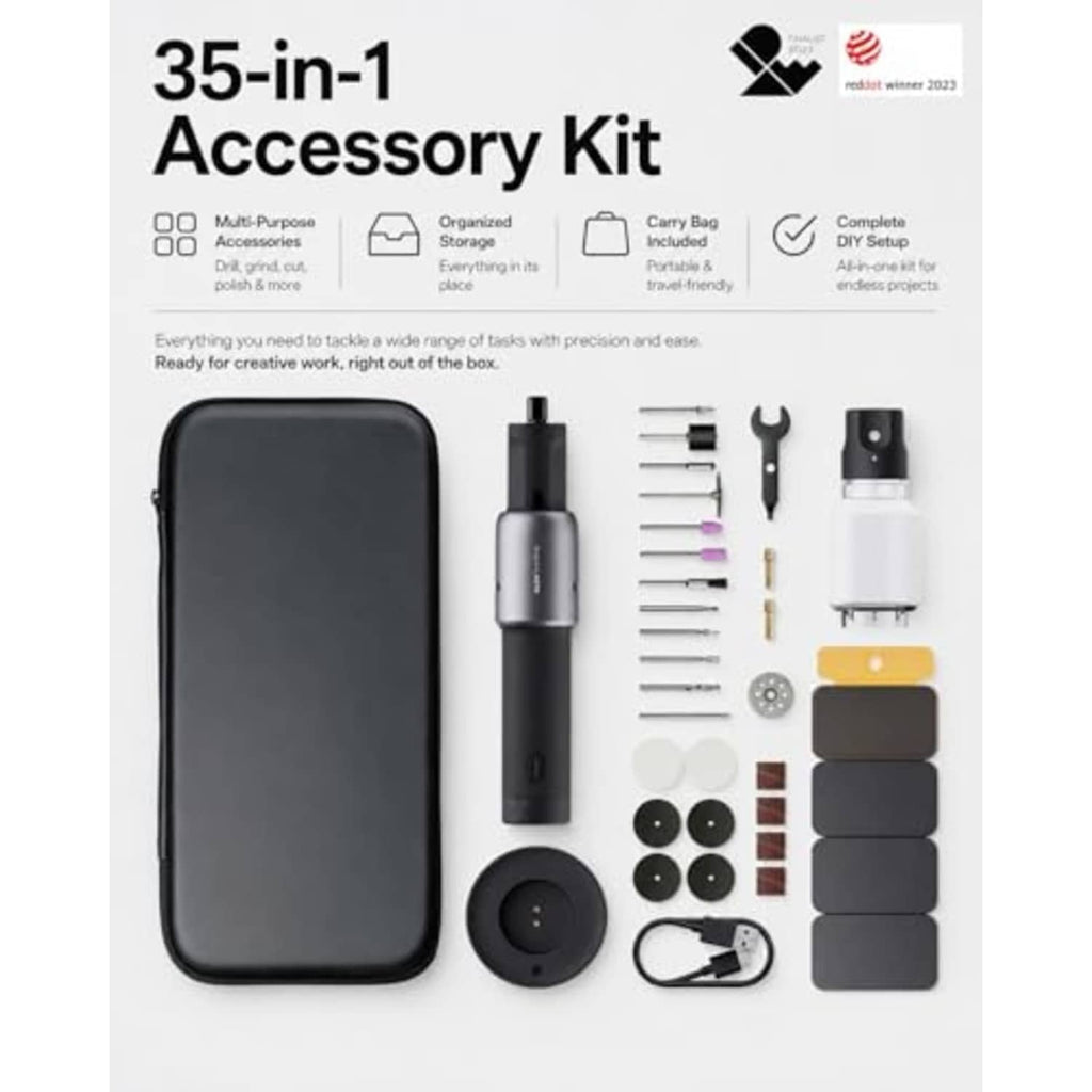 Cordless rotary tool 35-in-1 accessory kit with black case and assorted attachments