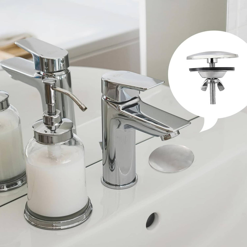 Stainless steel faucet hole cover on sink deck, with circular base and threaded post