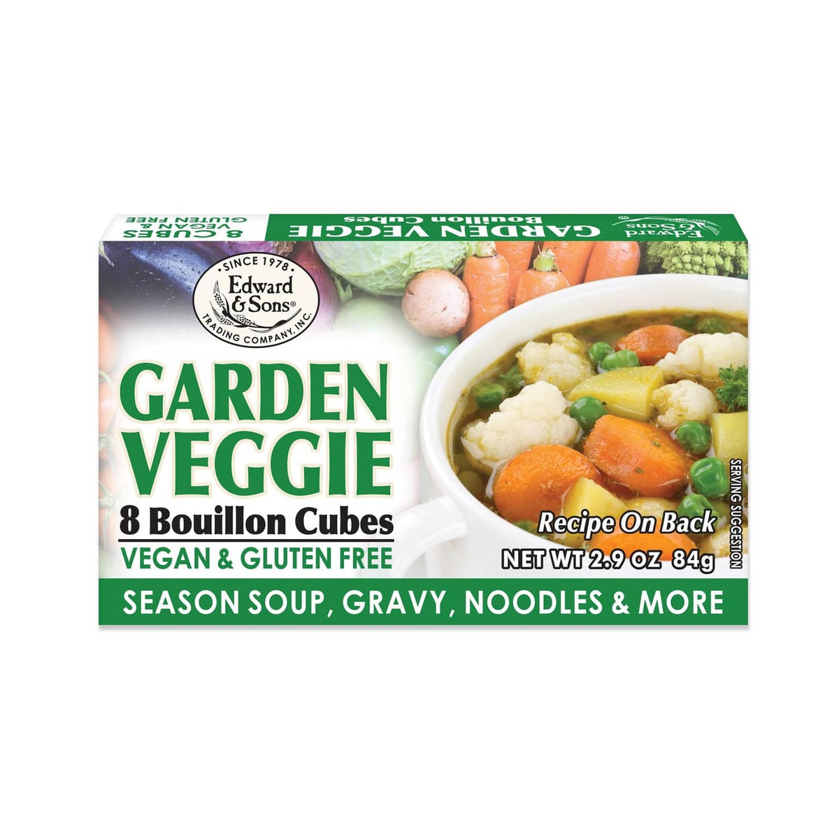 Garden veggie bouillon cubes box, vegan gluten-free seasoning for soups, gravies, noodles