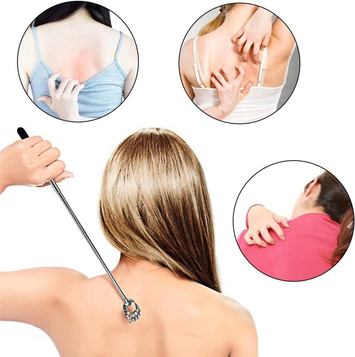 Telescoping back scratcher with silver paw end and black handle shown in use