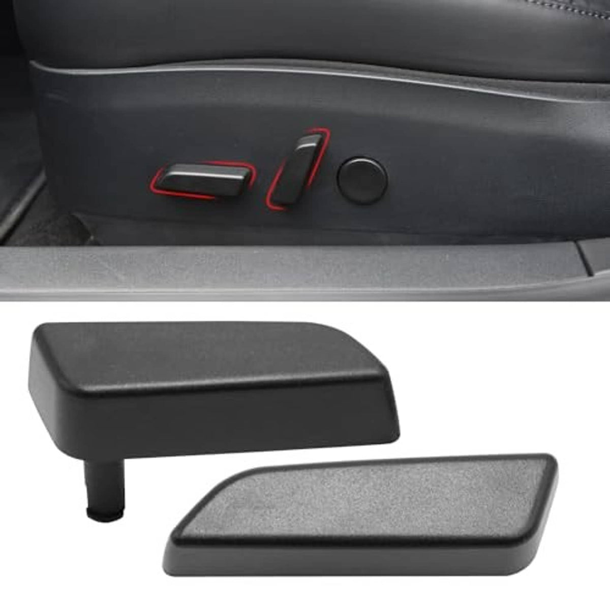 Pair of black textured car seat adjustment button covers with mounting pegs