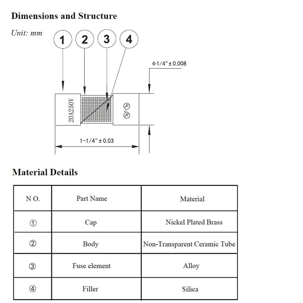 Ceramic time-delay fuse diagram: nickel-plated brass cap, nontransparent ceramic tube body