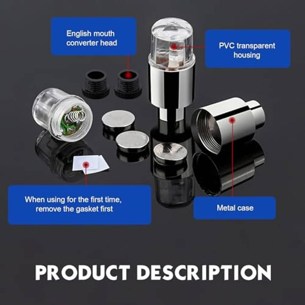 LED valve stem light components: clear PVC housing, metal casing, and cap parts