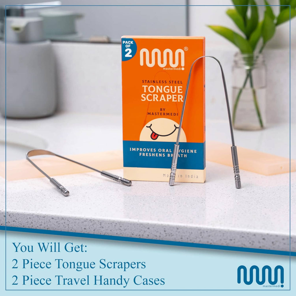 Tongue scraper package and two metal scrapers with travel cases on countertop.
