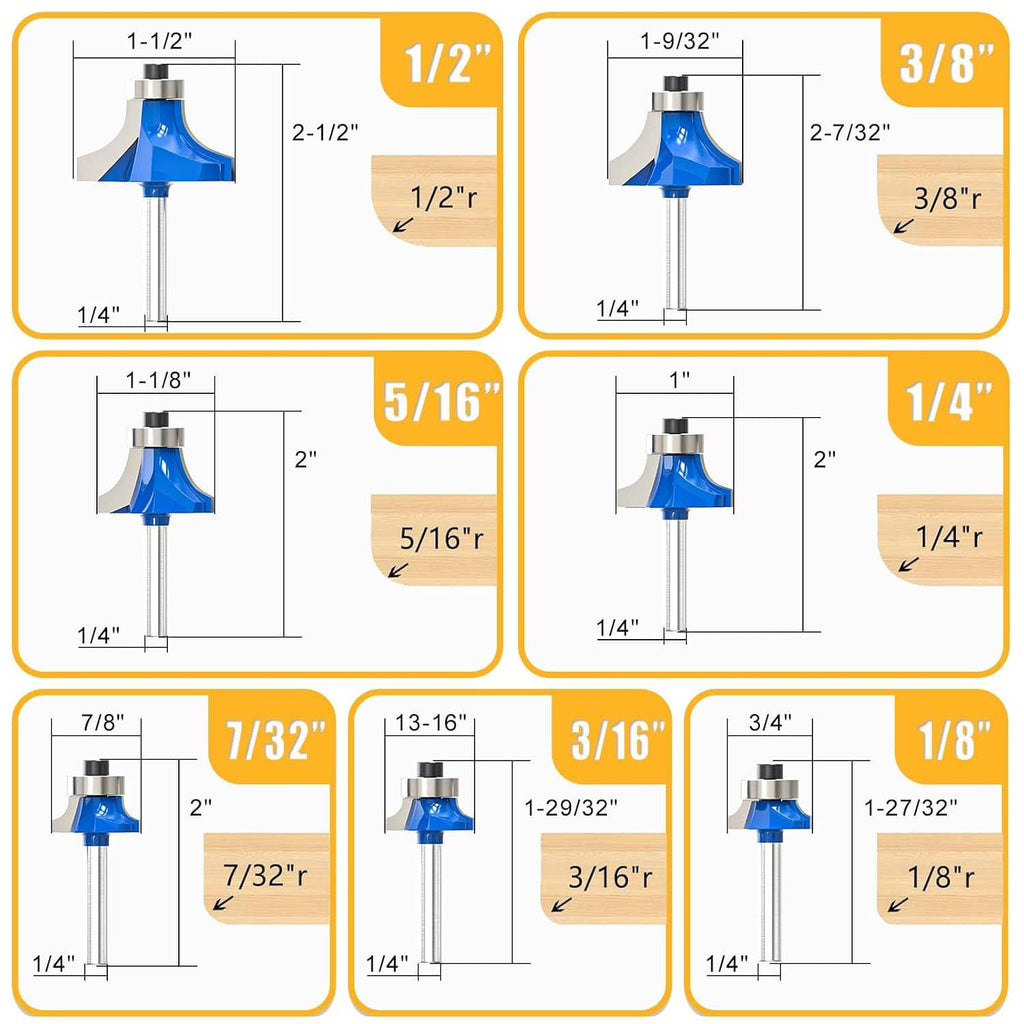 Roundover router bit set with blue cutters showing multiple radius sizes and measurements