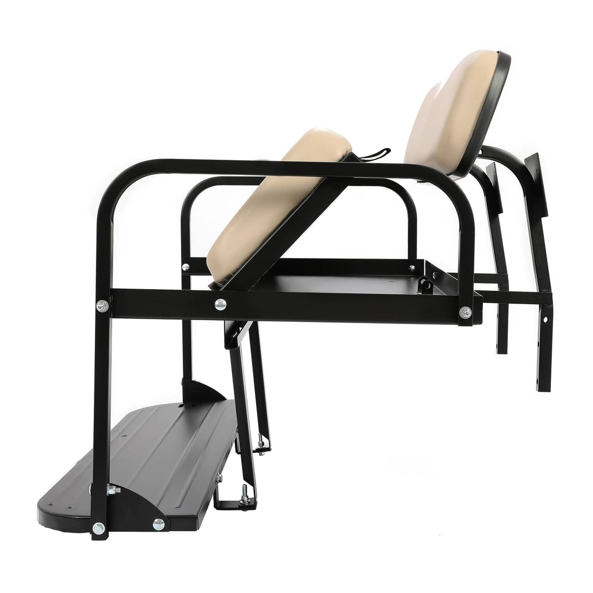 Tan folding rear back seat kit with black frame, tan cushions, and footrest platform