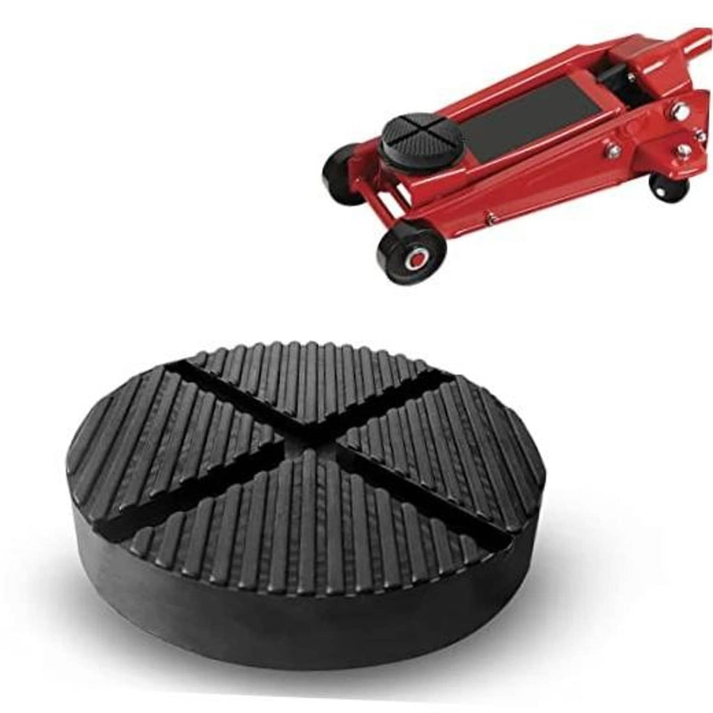 Black round floor jack pad with ribbed cross-slit traction surface.
