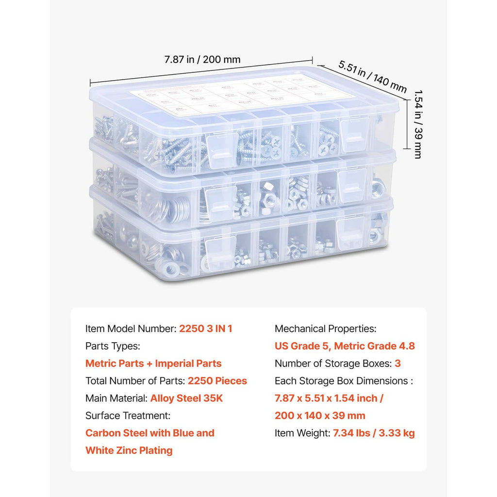 Transparent multi-compartment bolts and nuts organizer box with labeled inserts