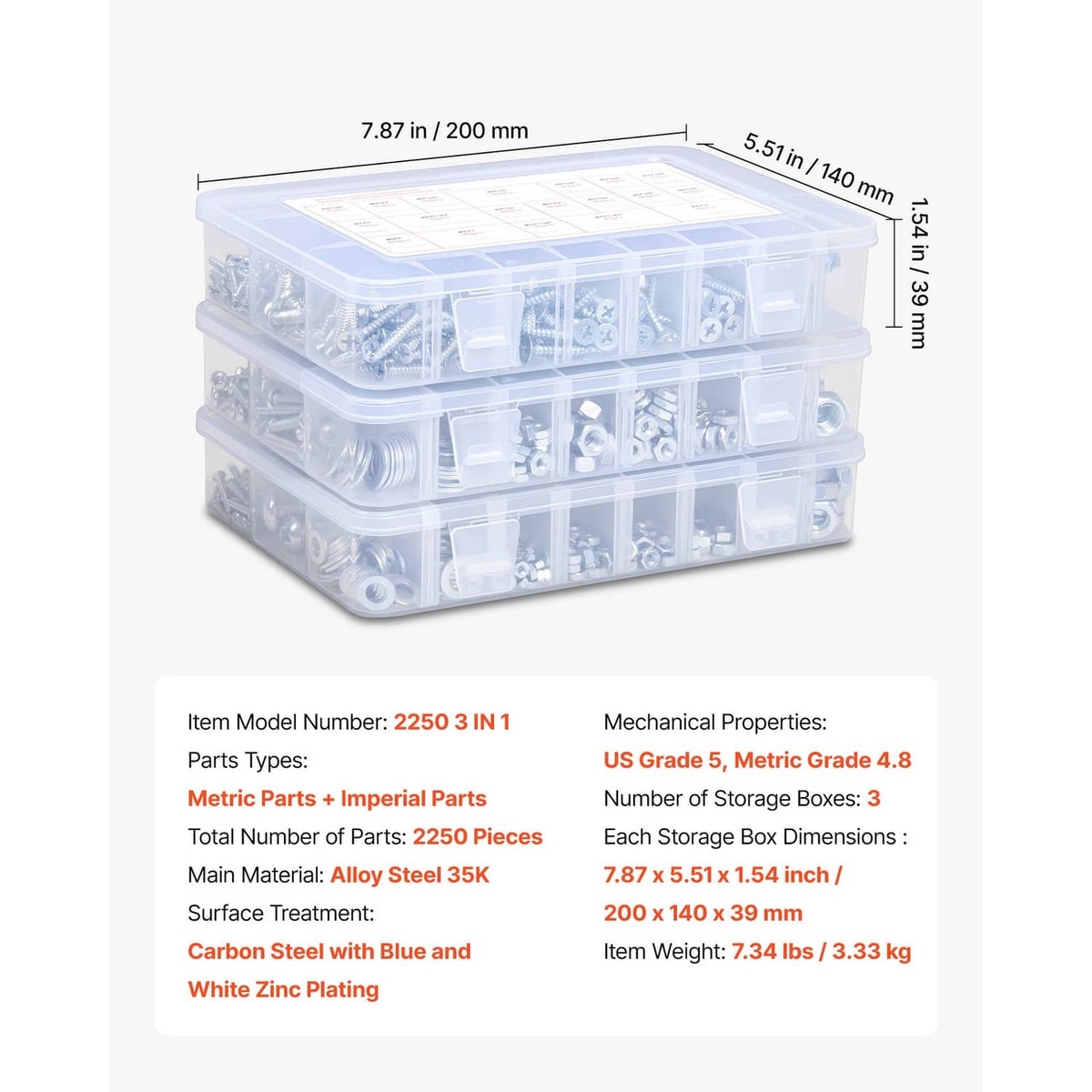Transparent multi-compartment bolts and nuts organizer box with labeled inserts