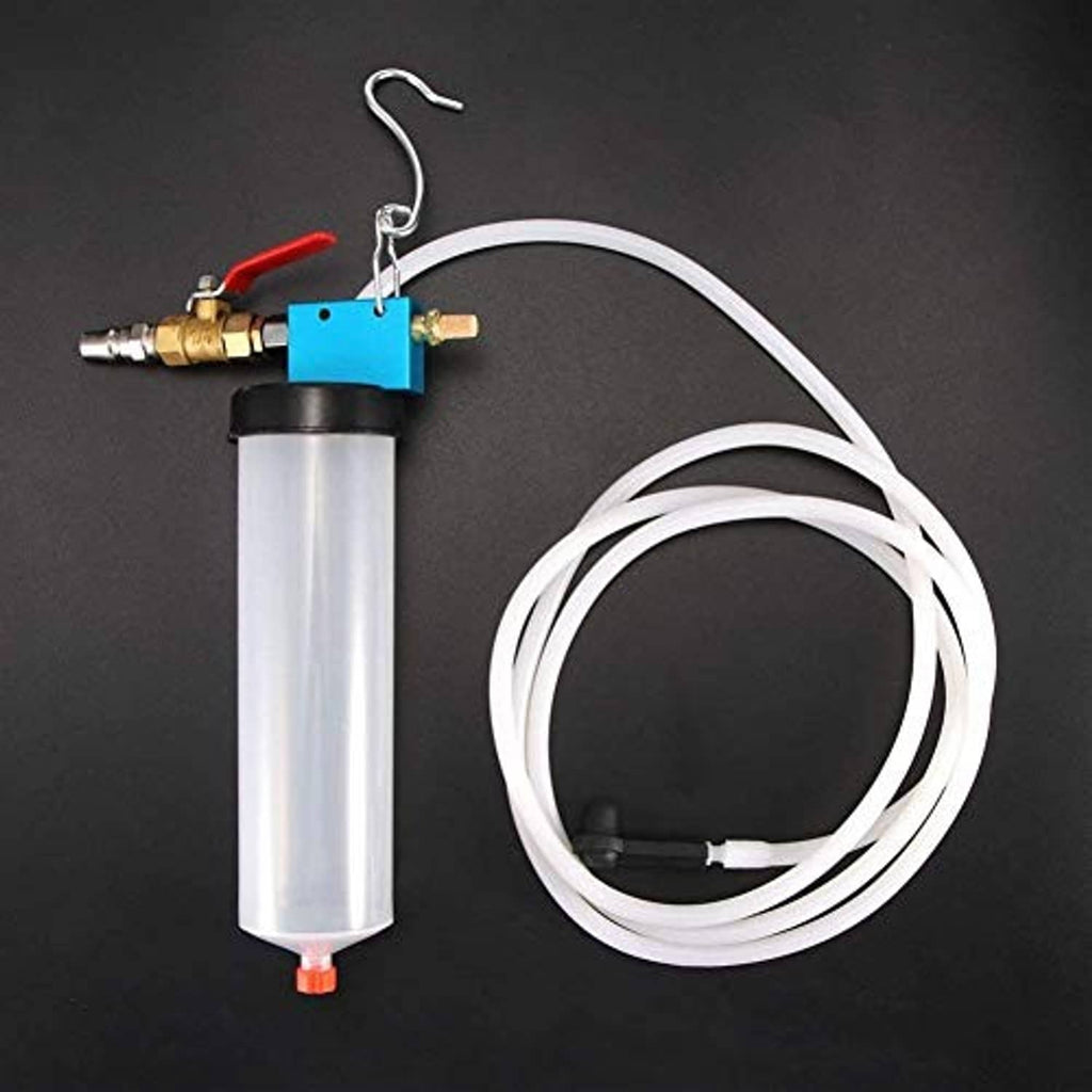 Brake fluid extractor pump kit with clear cylinder reservoir and two white hoses
