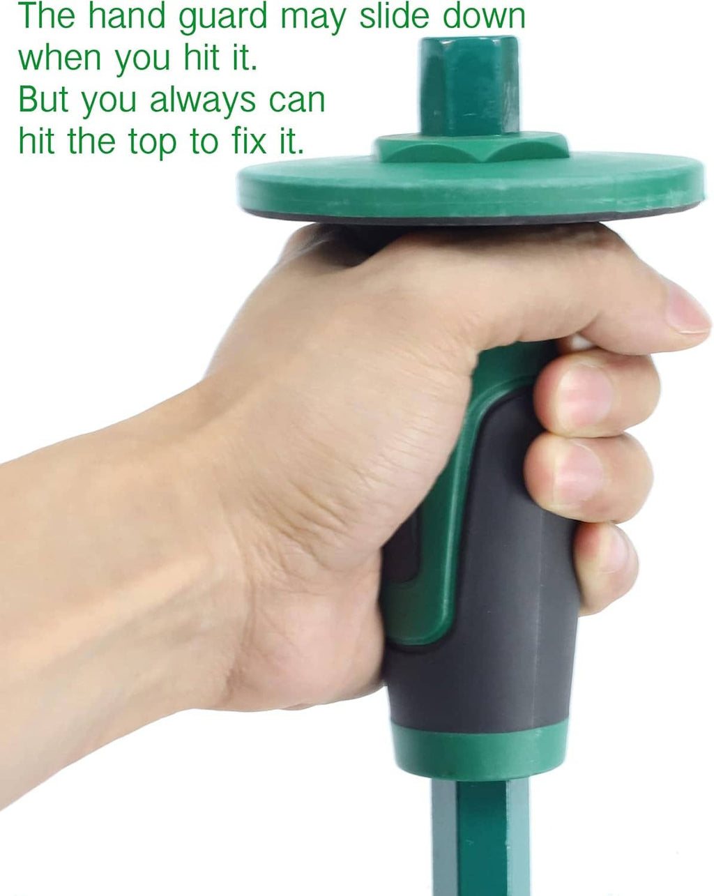 Hand holding rock chisel; green round hand guard and black grip visible