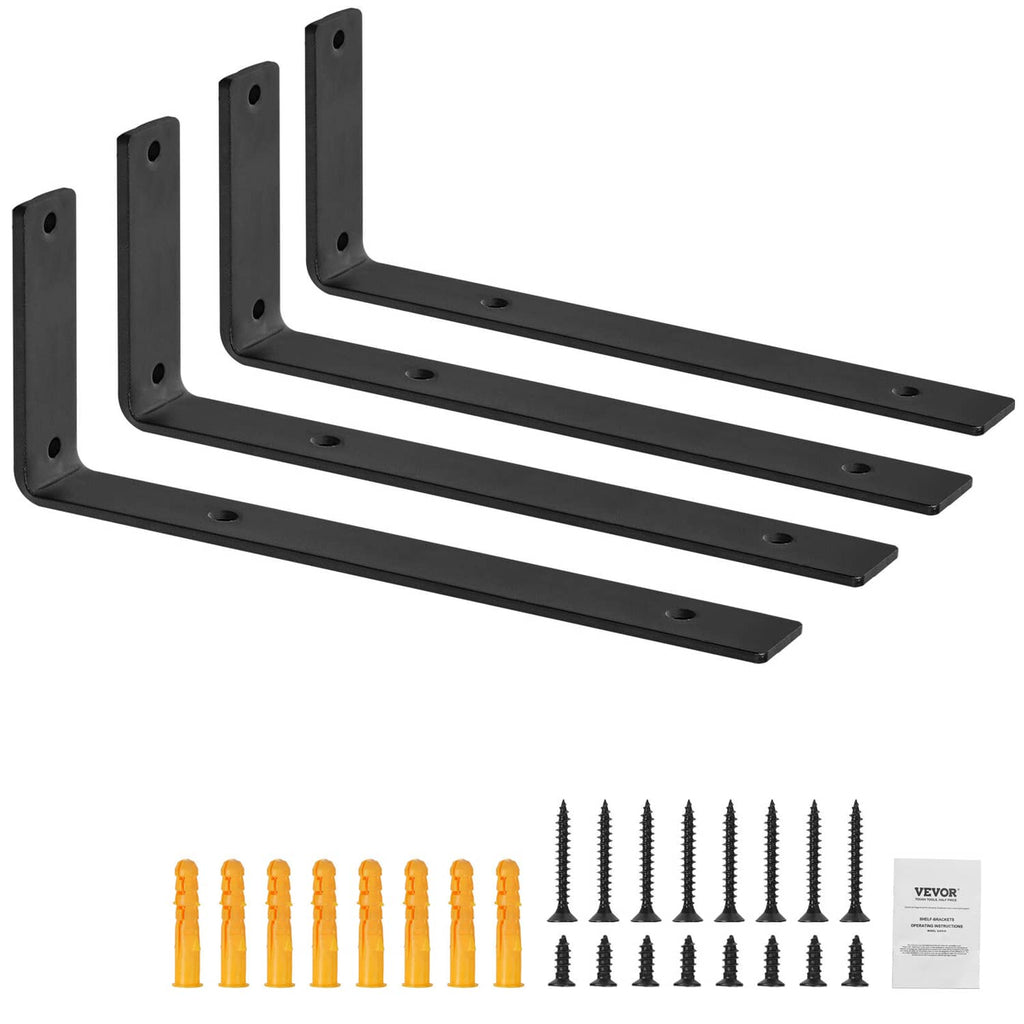 Set of four L-shaped floating shelf brackets, matte black steel with mounting holes