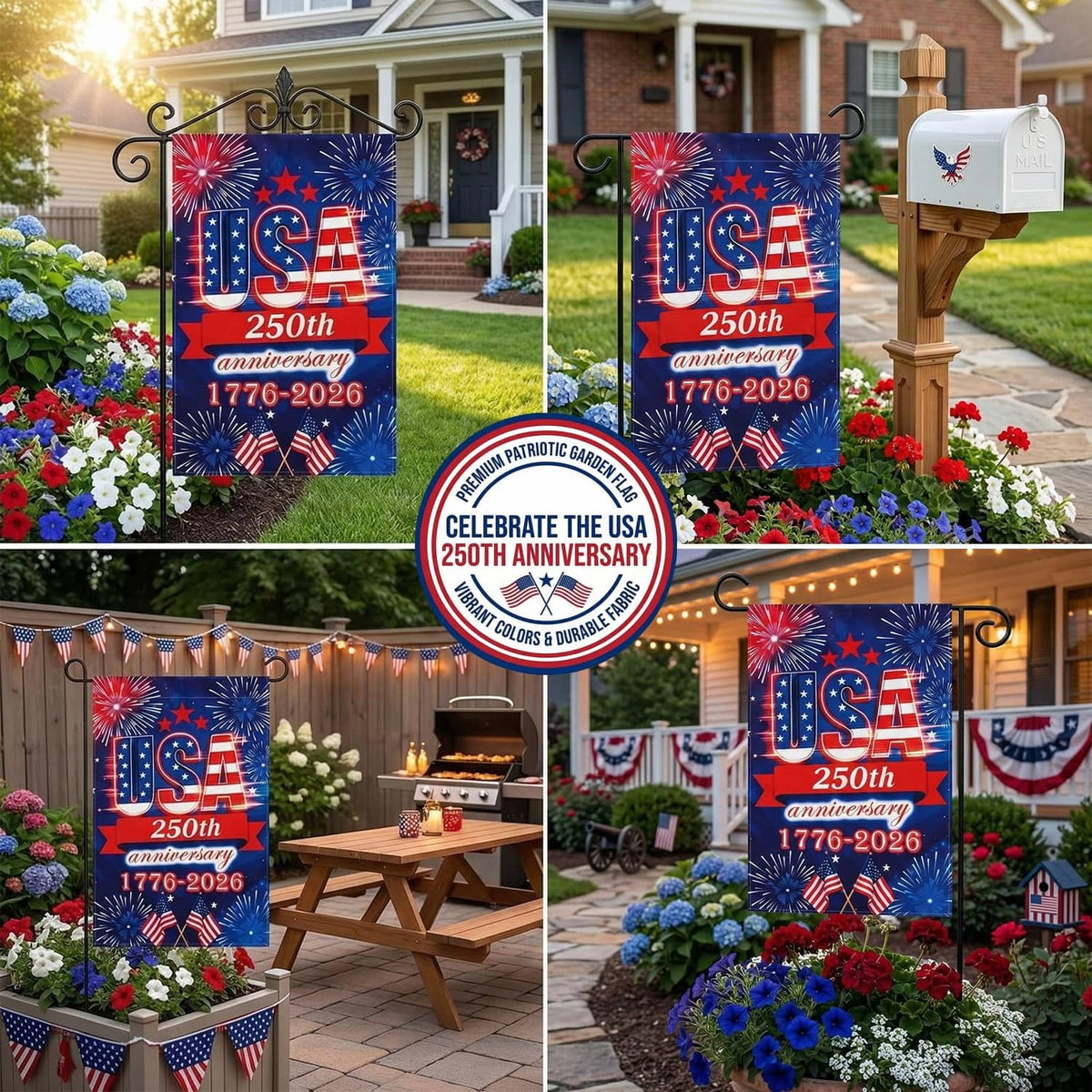 USA 250th anniversary garden flags with fireworks and stars hanging on a front porch