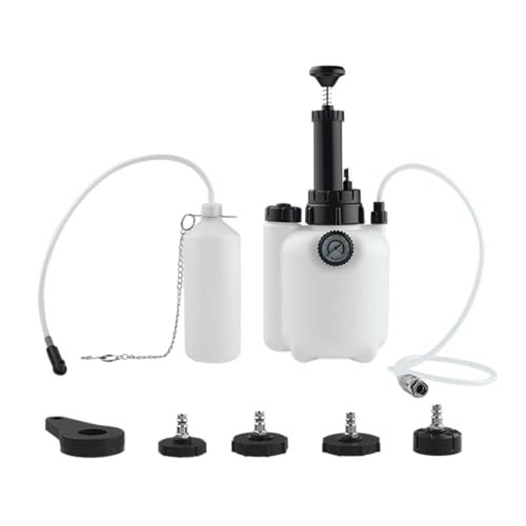 Brake bleeder kit with clear 3L bottle, vacuum hose, pump handle, and multiple caps