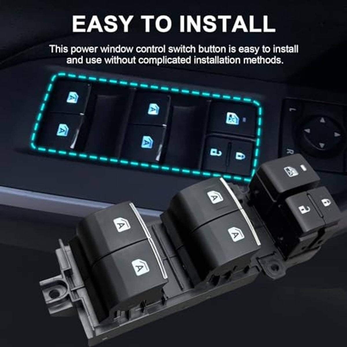 Power window control switch set with blue backlit icons on black rocker switches