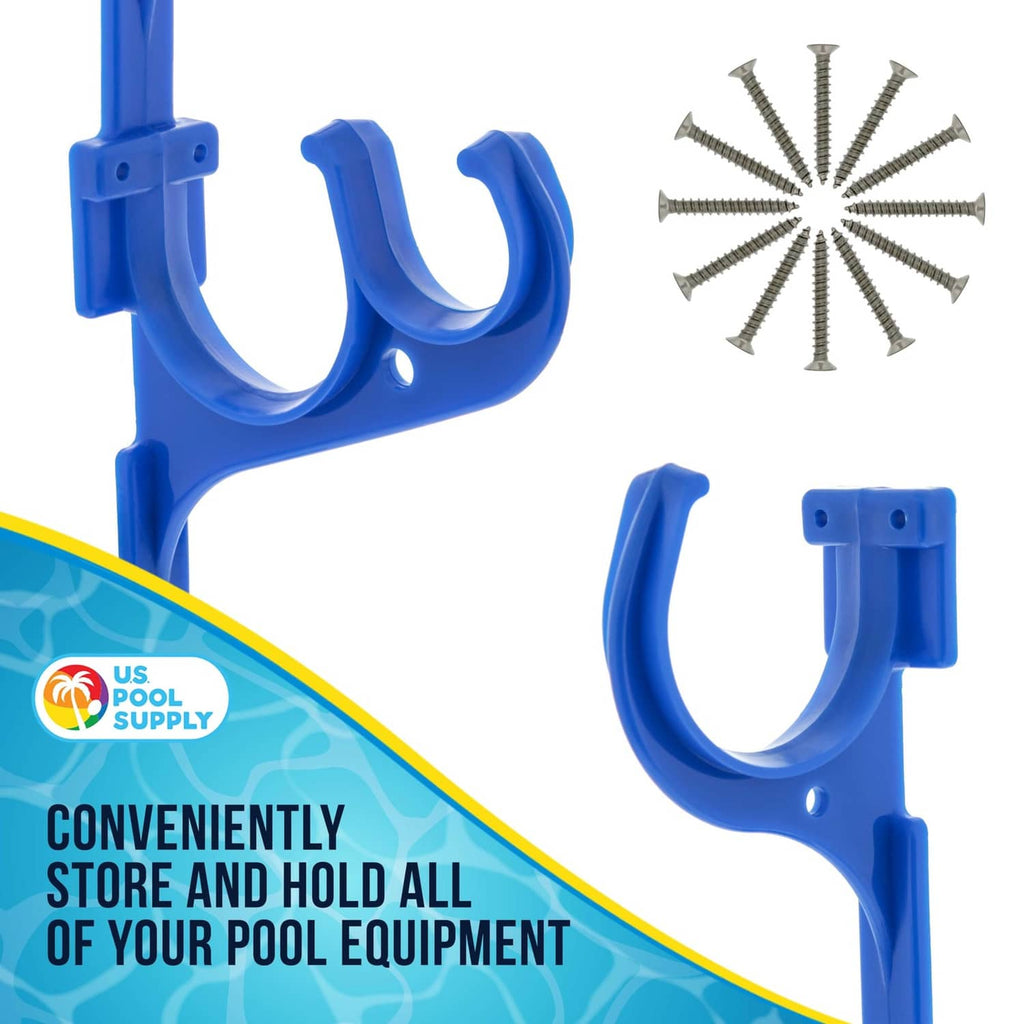 Blue plastic U-hook pole hanger brackets with screws for mounting