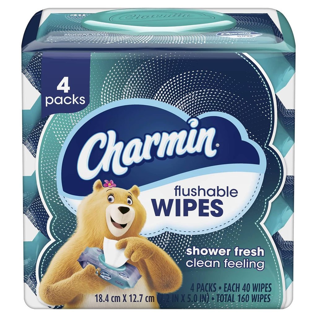 Charmin flushable wipes box, teal and blue packaging with 4 packs indicated